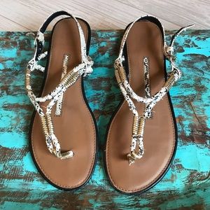 Silver and white snakeskin sandals